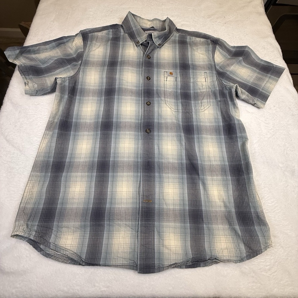 Carhartt 104174 Men’s L Relaxed Fit Plaid Short Sleeve Button Shirt Blue Gray